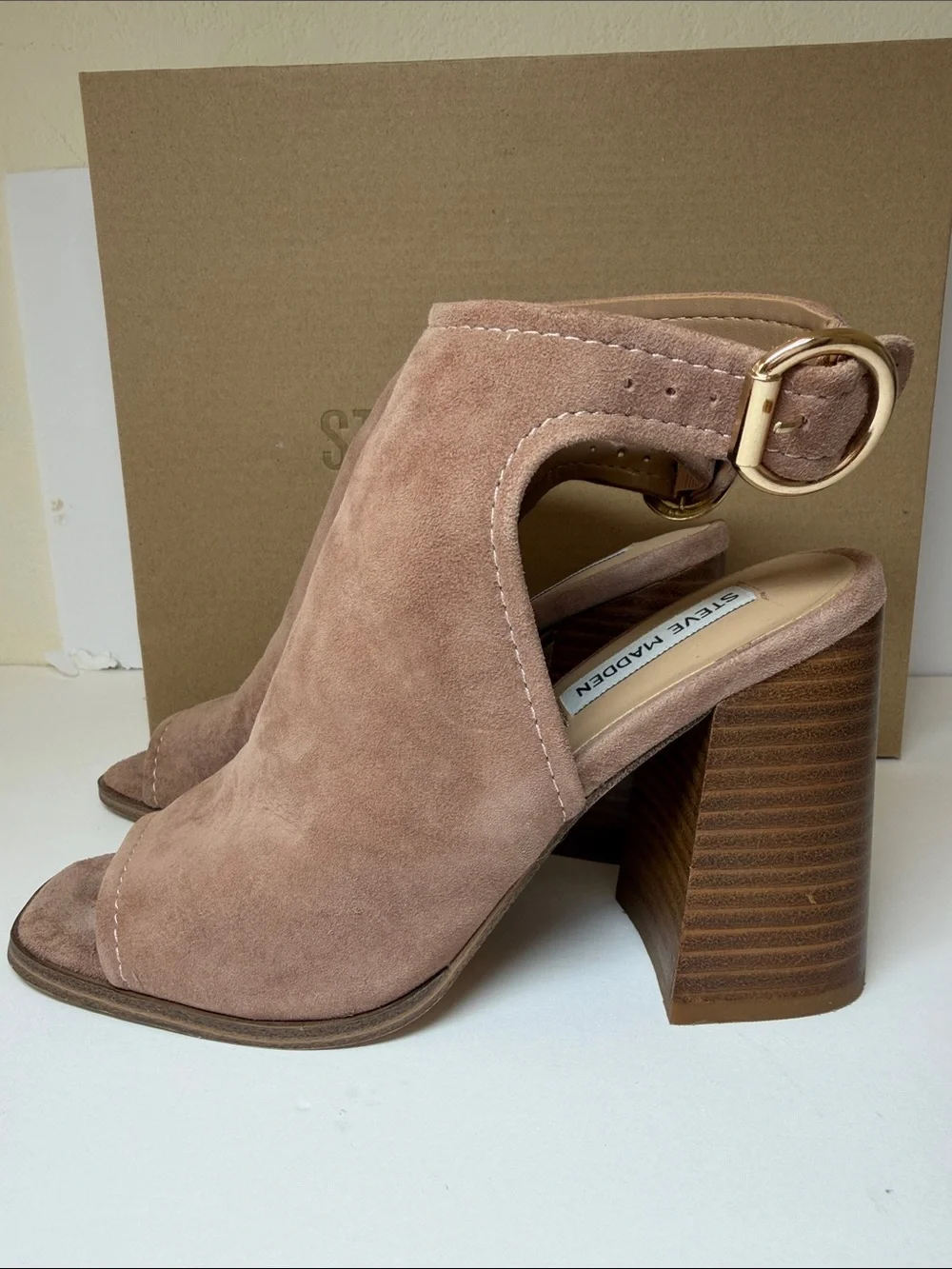 Steve Madden Suede Peep Toe Block Heel Sandals Tan/Blush Size 7